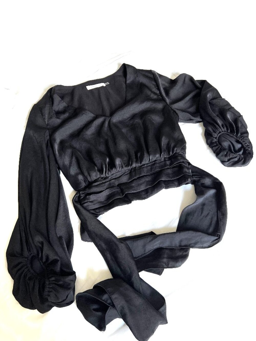 Mustard Seed, cropped lined black satin long sleeve with waist tie, Size Small